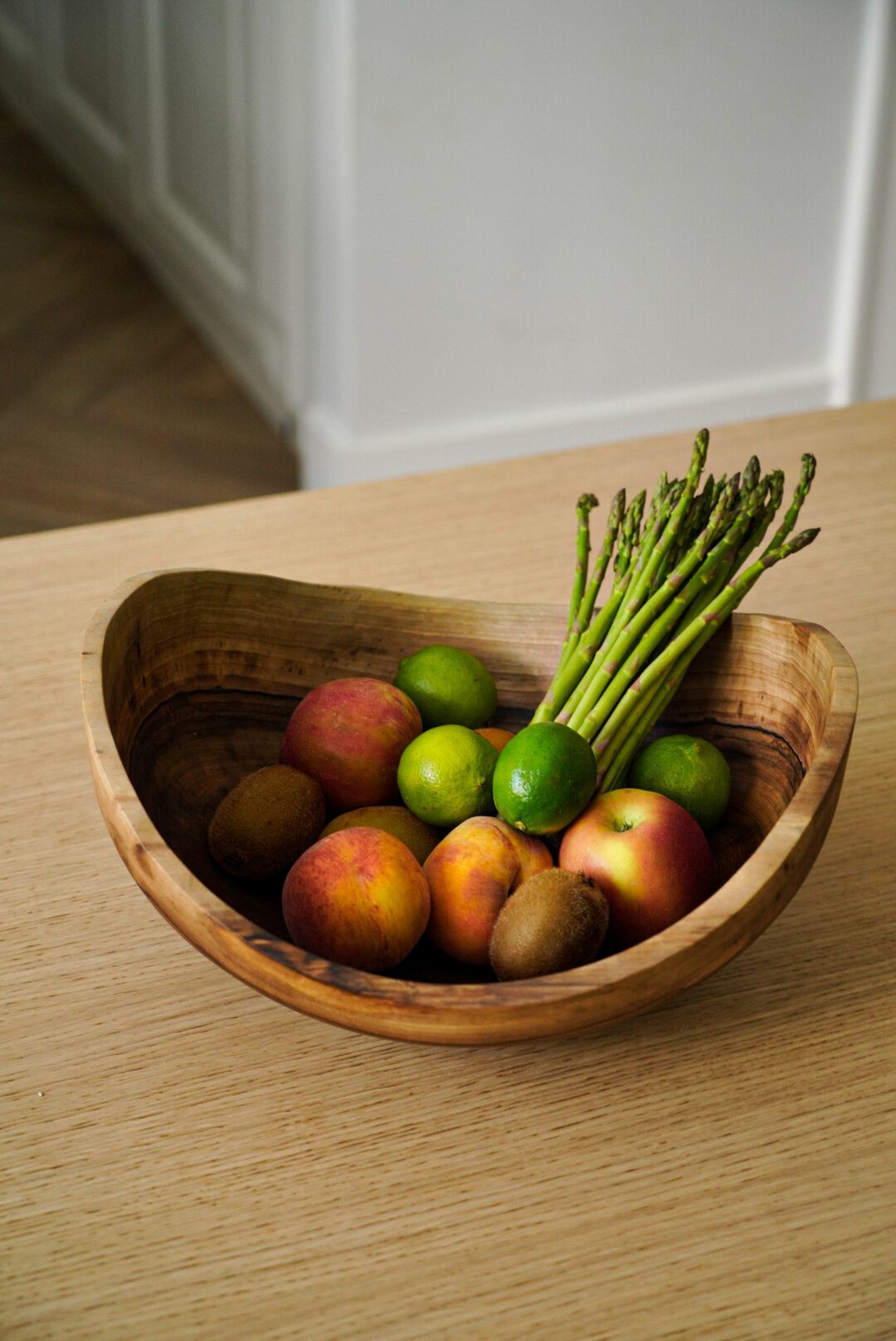 Hand carved extra large walnut wooden bowl with natural wood rings and oil finish