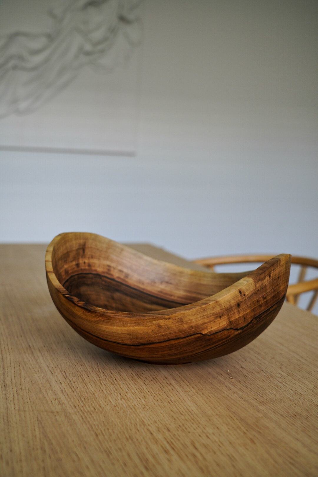 Hand carved extra large wooden walnut bowl with natural rings and oil finish