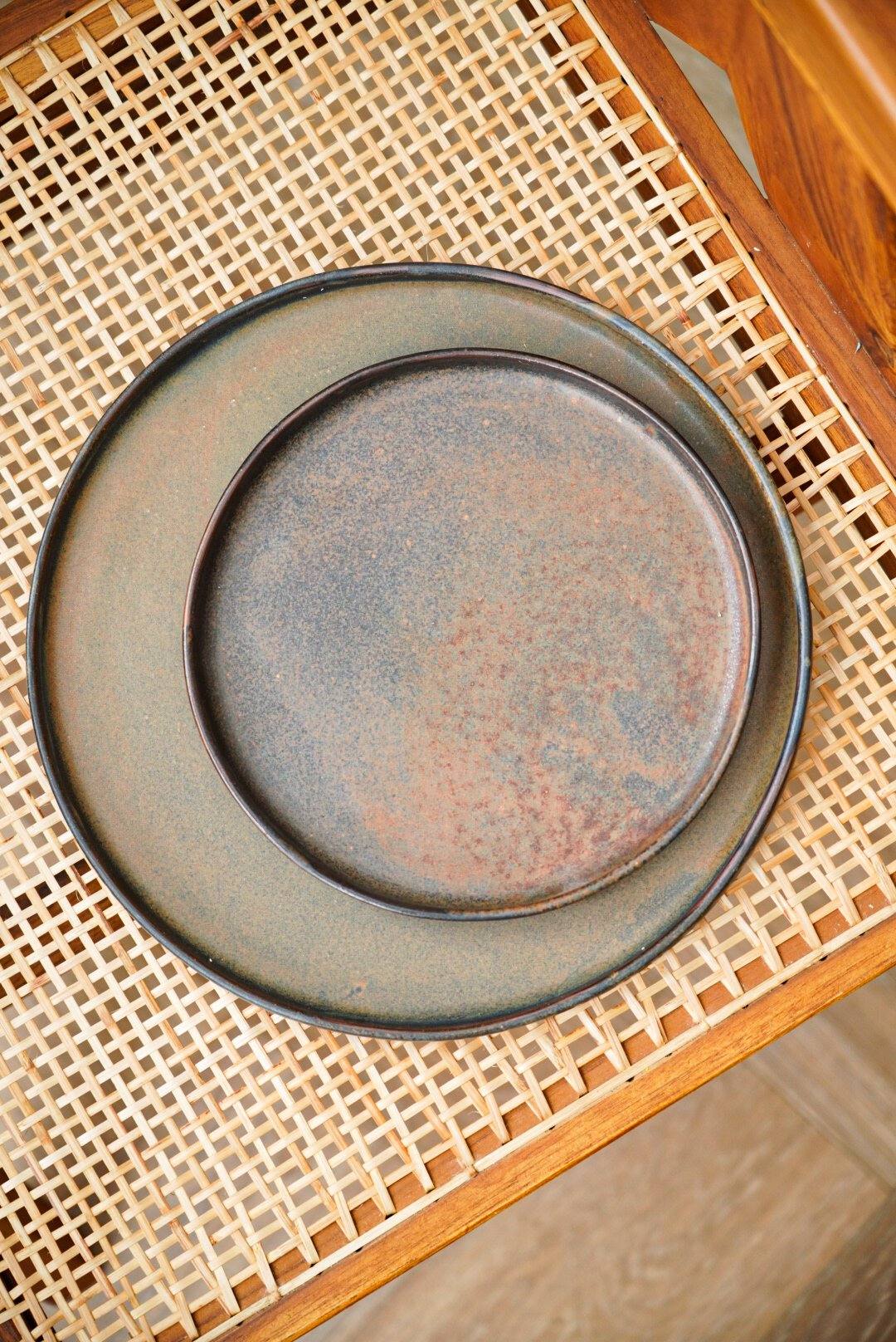Matte brown-black rust dinner plates with unique reactive glaze, handmade stoneware from Ukraine