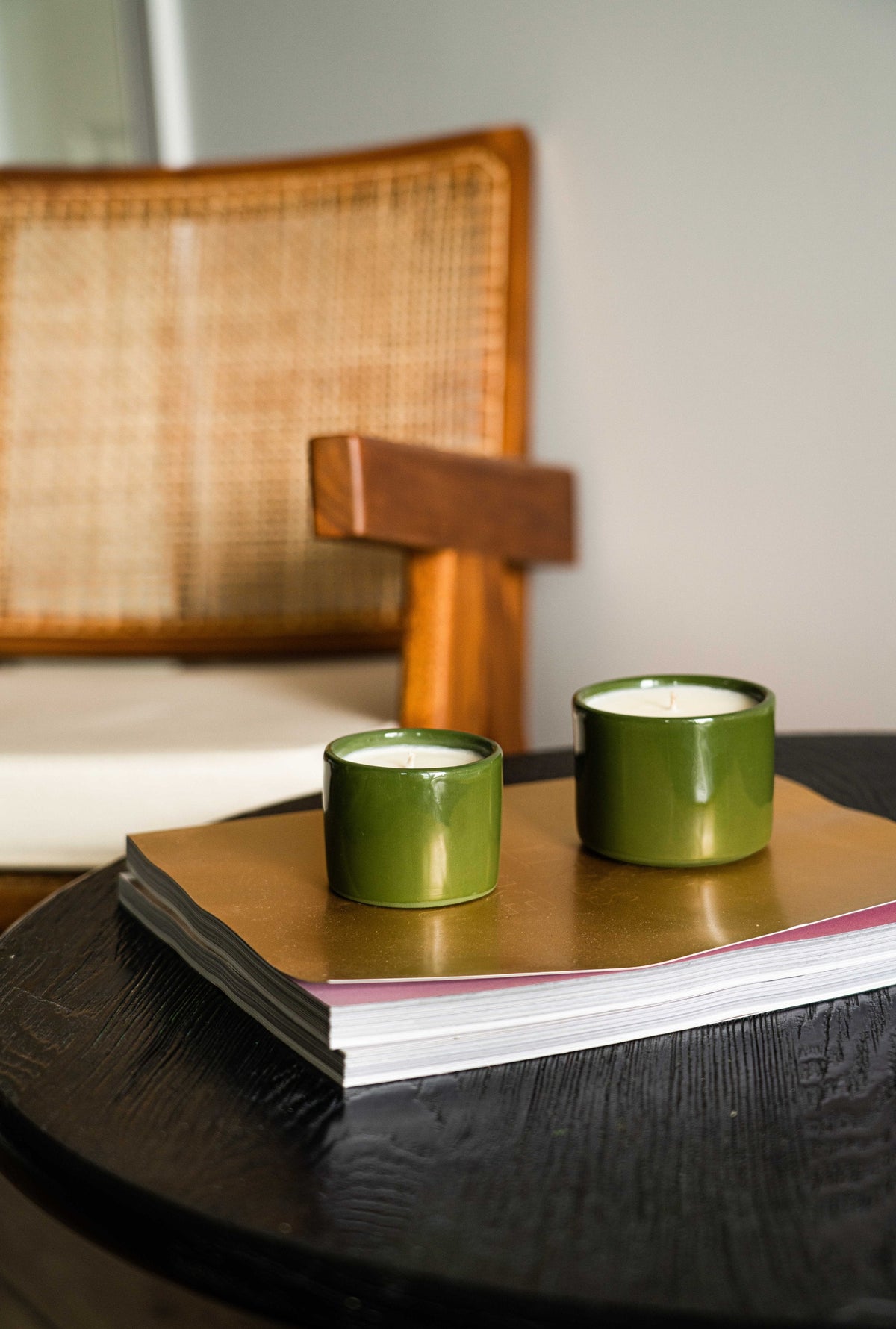 Handmade green porcelain candle bowl with organic soy wax, refillable and eco-friendly, made in Ukraine