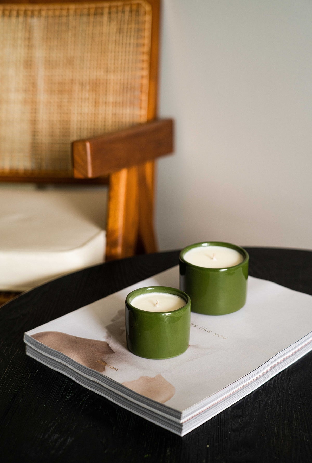 Handmade green porcelain candle bowl with organic wax and single wick