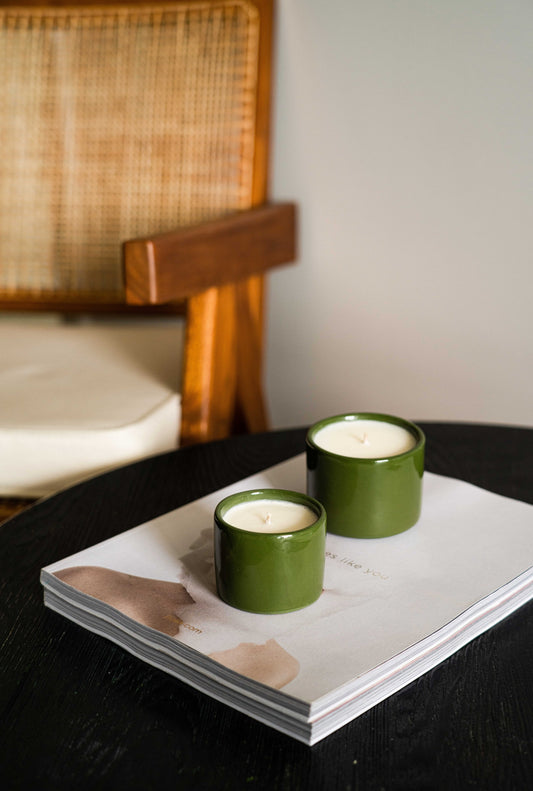 Handmade green porcelain candle bowl with organic wax and single wick