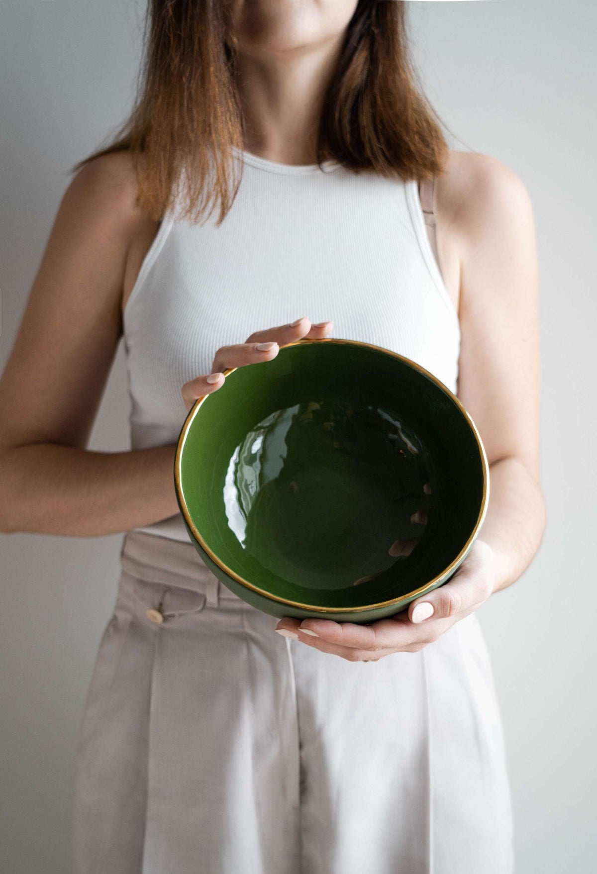 Green handmade porcelain salad bowl with gold rim, elegant and food-safe dinnerware from Ukraine