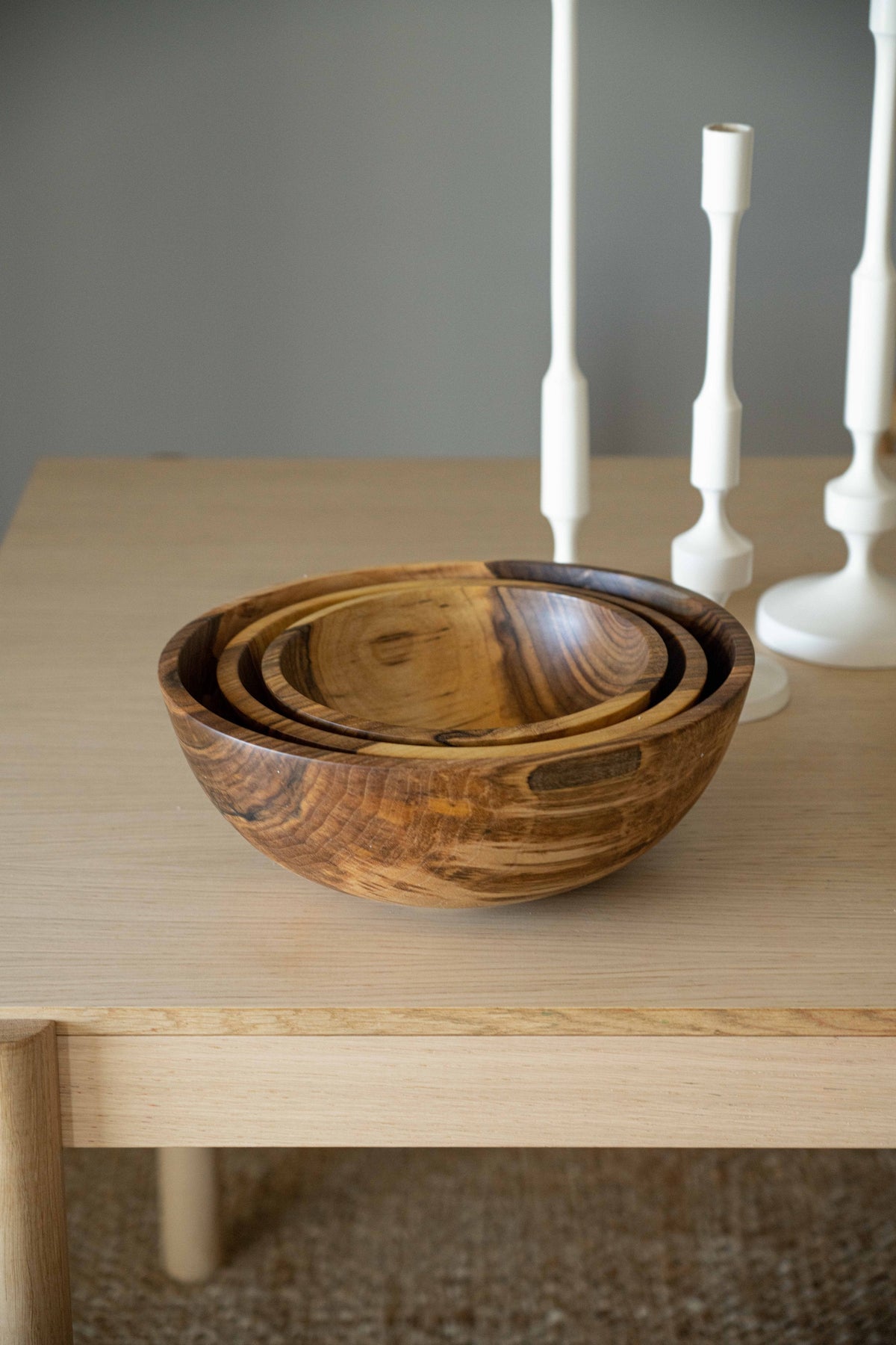 Hand carved walnut wood nesting bowl set with three sizes, handmade and food-safe finish