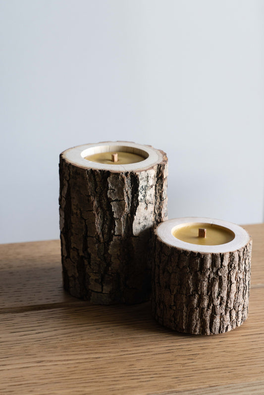 Rocky Wood Candle with natural wooden design and Winter Spruce scent on cork base