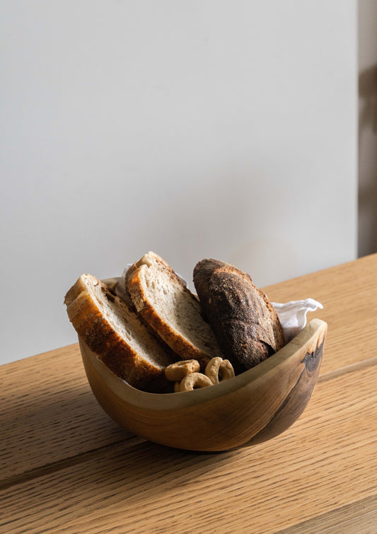 Hand carved small walnut wooden bowl with natural wood rings and oil finish