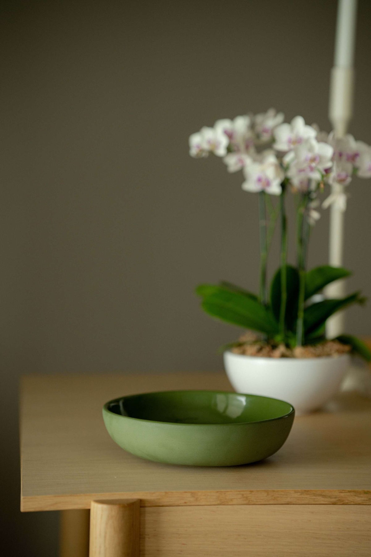 Handmade green porcelain pasta bowl with glossy interior and unglazed soft exterior, dishwasher and microwave safe, made in Ukraine