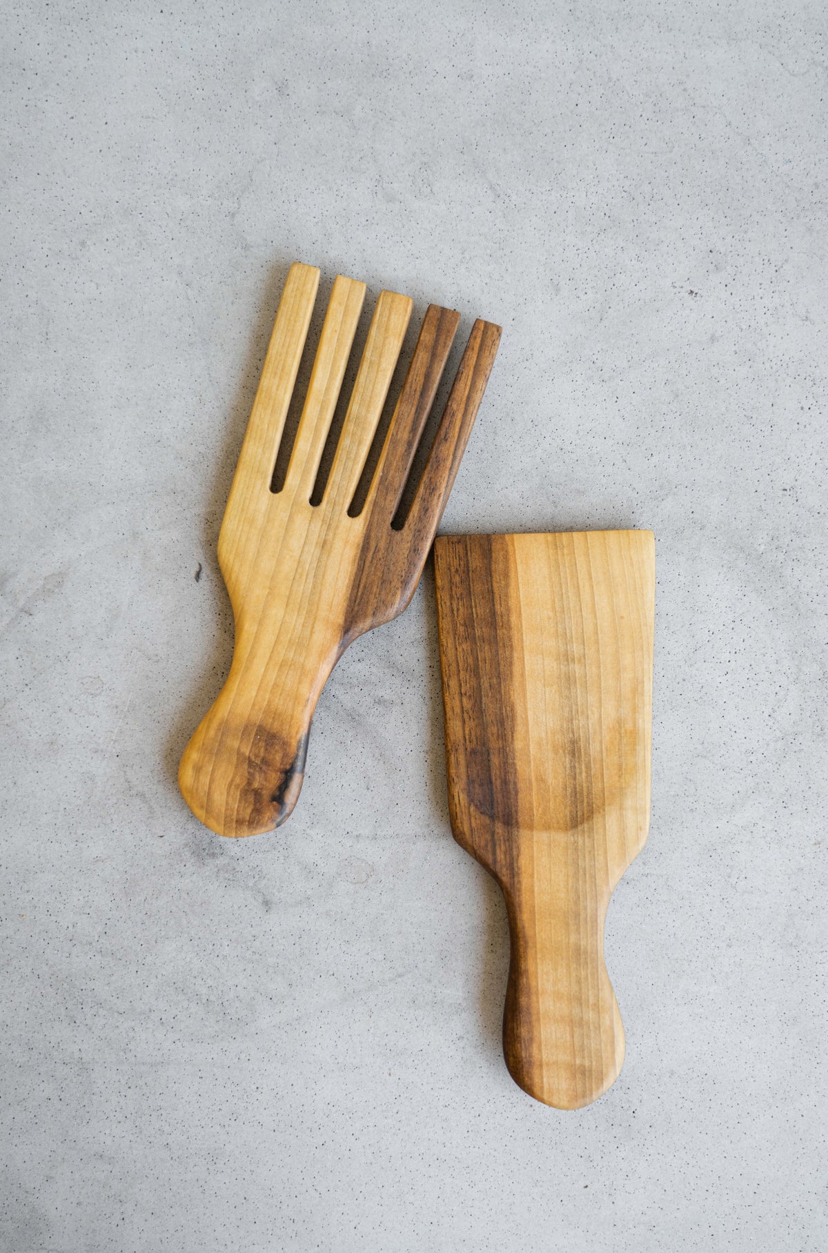 Walnut wood 2-piece salad serving set with polished handles handcrafted in Ukraine