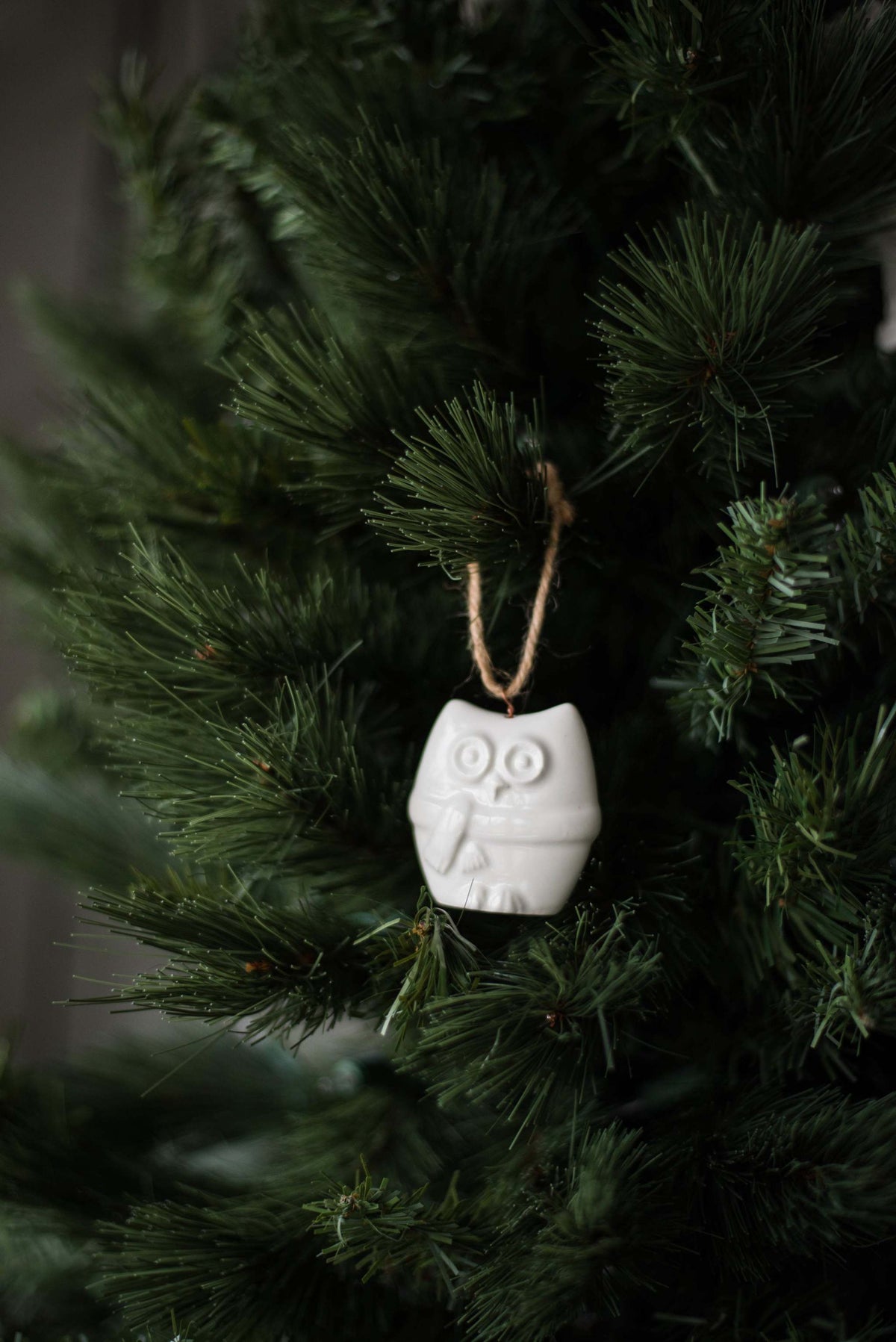 Handmade porcelain Christmas ornaments with jute loops, white glazed, rustic holiday decor made in Ukraine