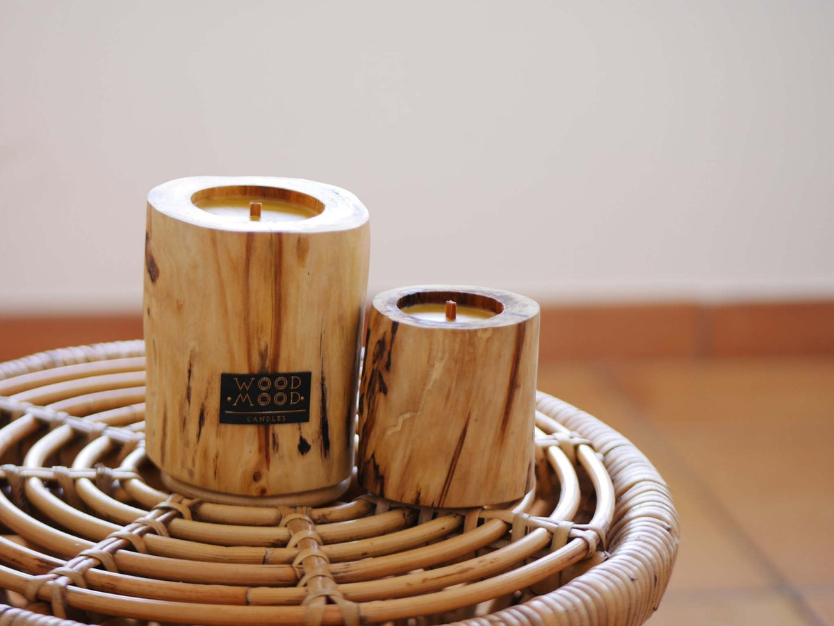 Hand Craft Ubud Wooden Candle set with two natural honey-brown wood holders, dark grain, and inset wax wicks