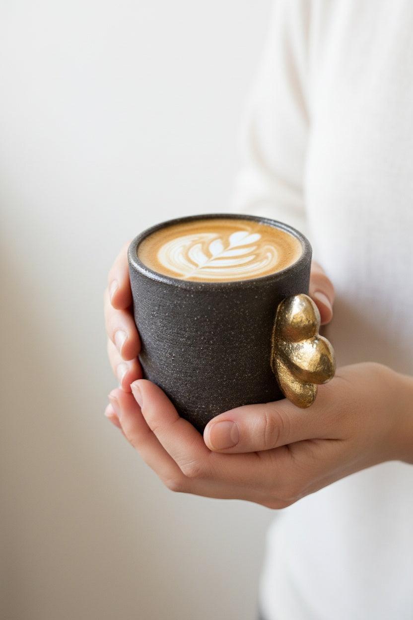 Handmade Stoneware Coffee Cup in dark charcoal-brown with a rough matte exterior, latte art, and sculpted gold accents.