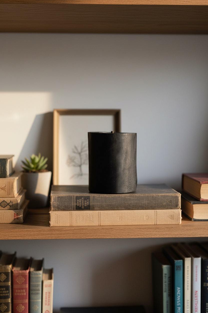 Black Illusions Wood Candle with charred polished wood, beeswax coating, multi-layer wick, and leather bottom, luxury scented wood candle for home use