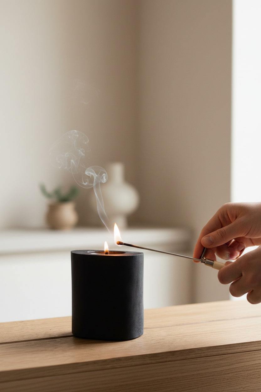 Black Illusions Wood Candle made of charred polished wood with multi-layer wick and natural beeswax coating