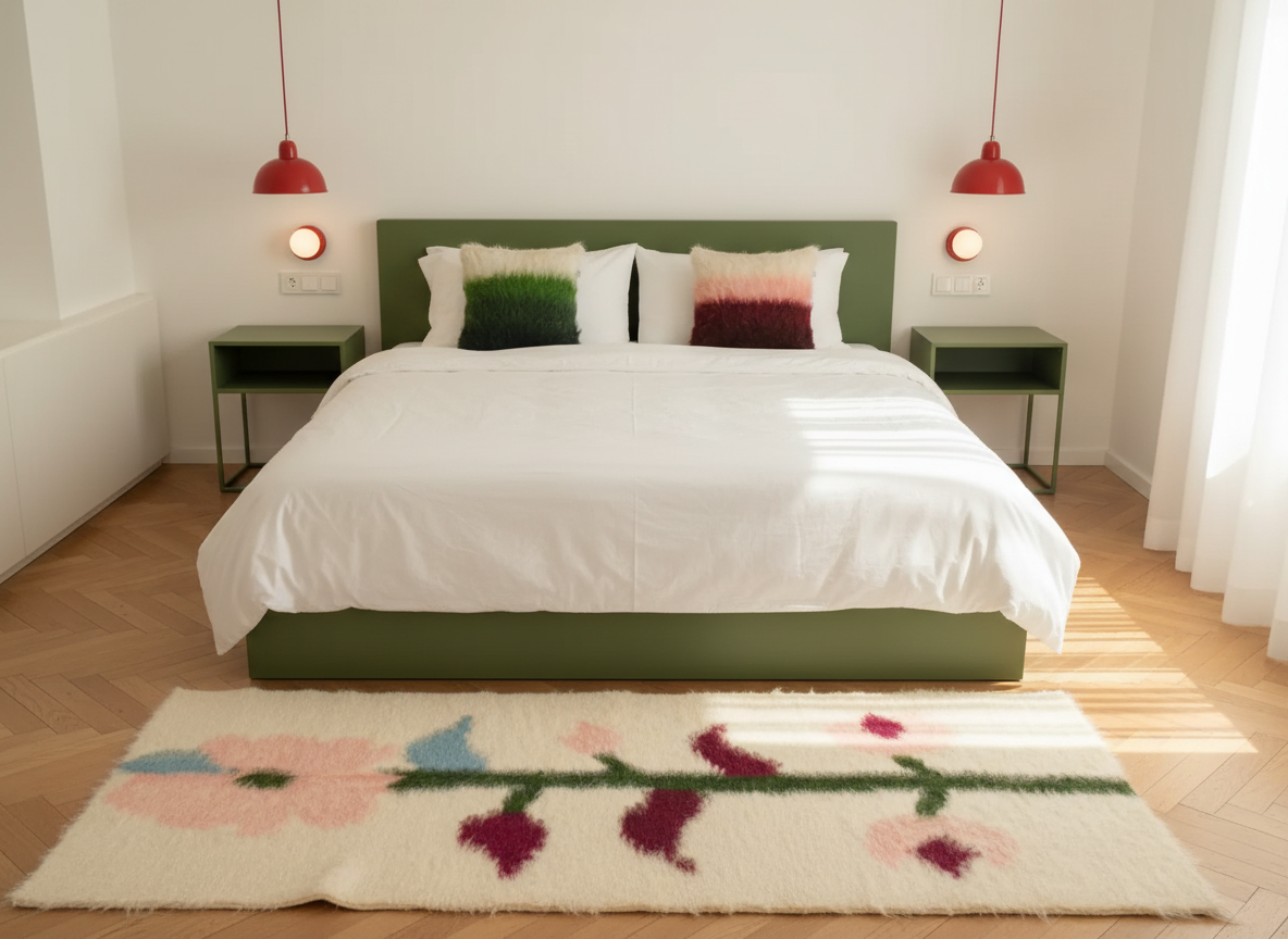 Multicoloured handwoven wool lizhnyk with brushed texture and delicate floral motif