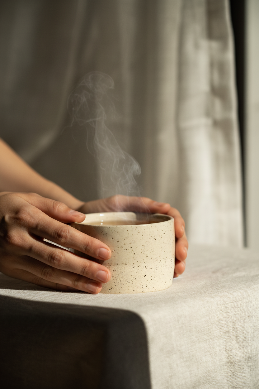 Handmade Stoneware Mug in creamy white sand stoneware with fine dark speckles, rounded shape and glossy rim.