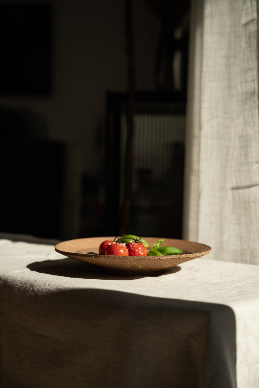 Handmade pinkish red stoneware pedestal plate with speckles and glossy glaze