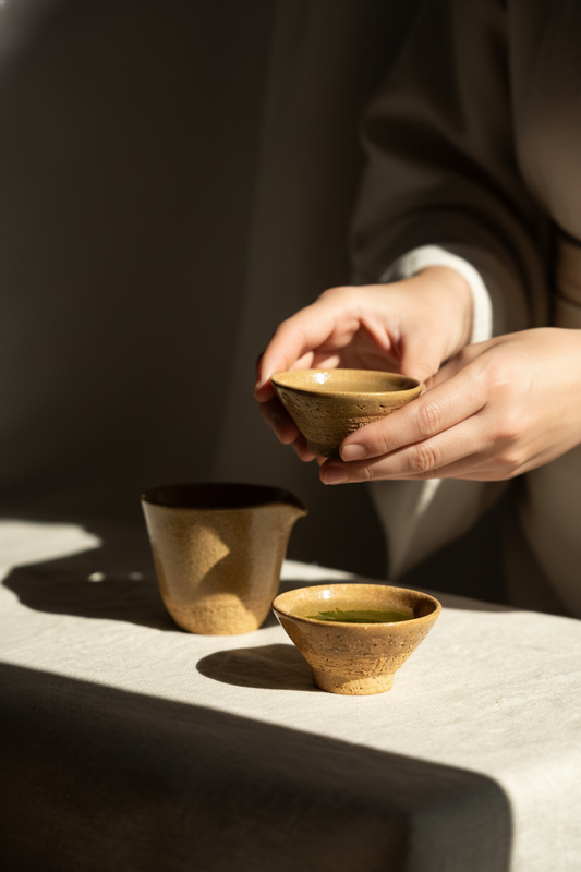 Handmade Stoneware Fair Teacup in warm ochre yellow with dark speckles, a glossy glaze, and a handleless tapered shape.