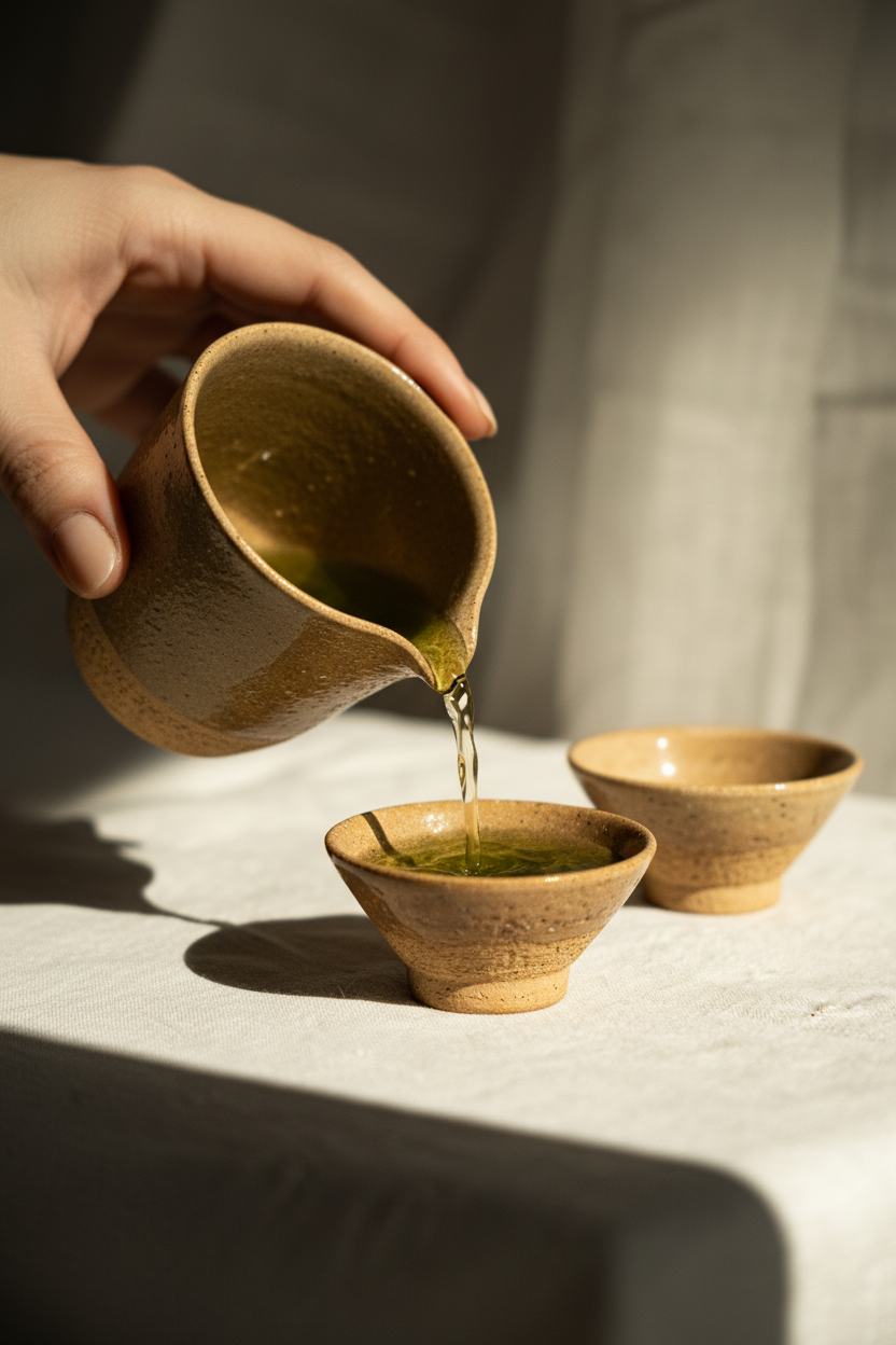 Handmade Stoneware Fair Teacup in warm tan clay with speckled texture, glossy olive interior and a handleless pouring spout.