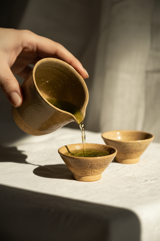 Handmade Stoneware Fair Teacup in warm tan clay with speckled texture, glossy olive interior and a handleless pouring spout.