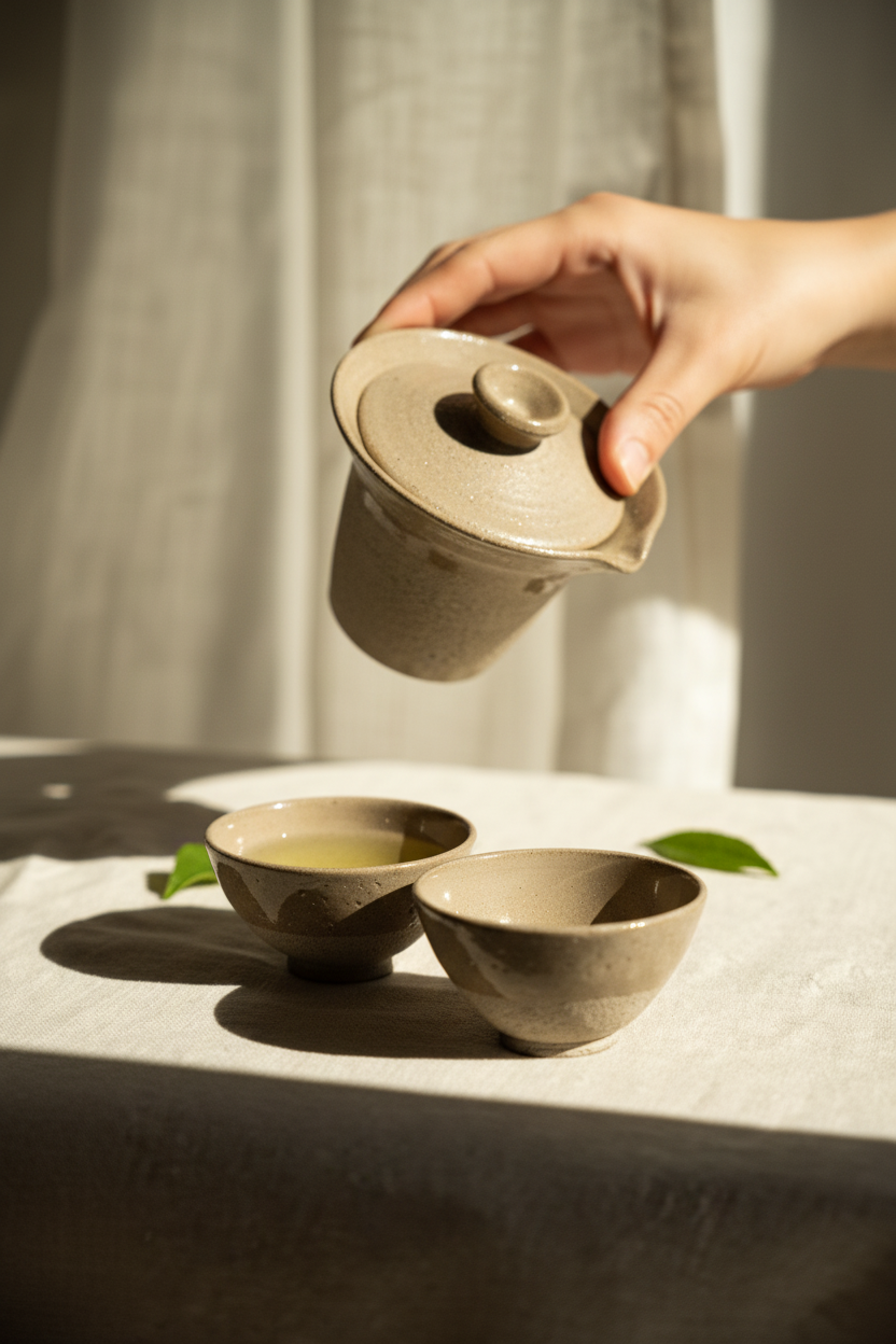 Handmade Stoneware Small Tea Cup in warm gray-brown glazed ceramic with fine speckles and a matching lid.