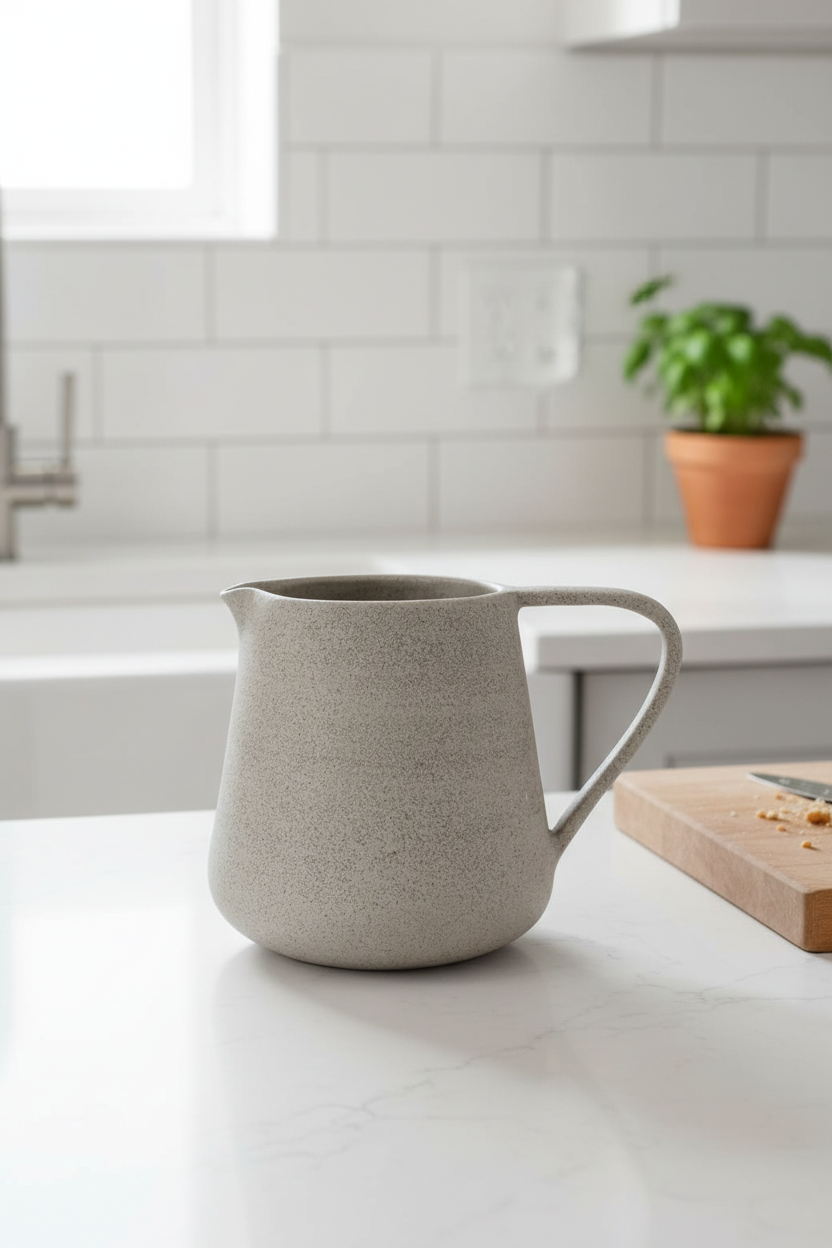 Handmade Stoneware Pitcher in speckled concrete-gray matte stoneware, with a rounded body, short spout, and curved handle.