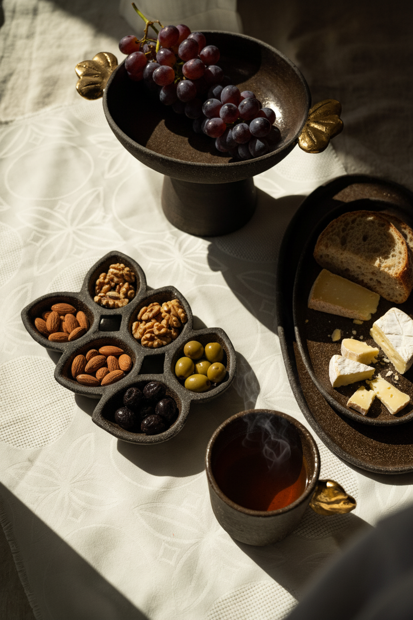Pedestal fruit bowl in dark earthy stoneware with a textured finish, sculptural foot, and gold leaf handles.