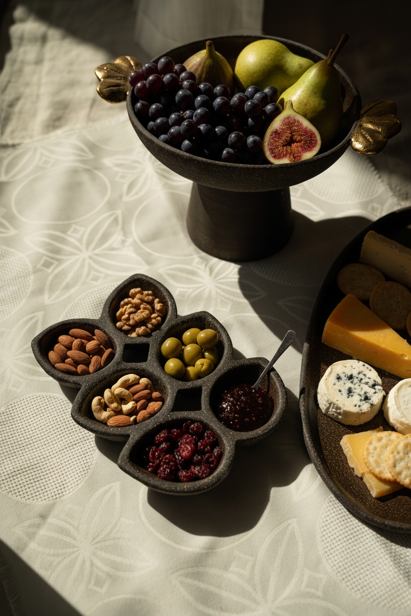 Stoneware Serving Dish in dark earthy brown, with a matte raw finish and a spiked, flower-shaped divided design.