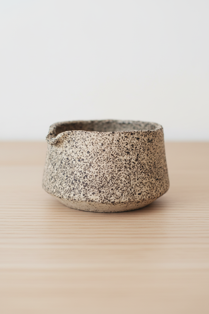 Handmade Stoneware Matcha Bowl in cream stoneware with dense dark speckles, rounded shape, and a gently uneven rim.