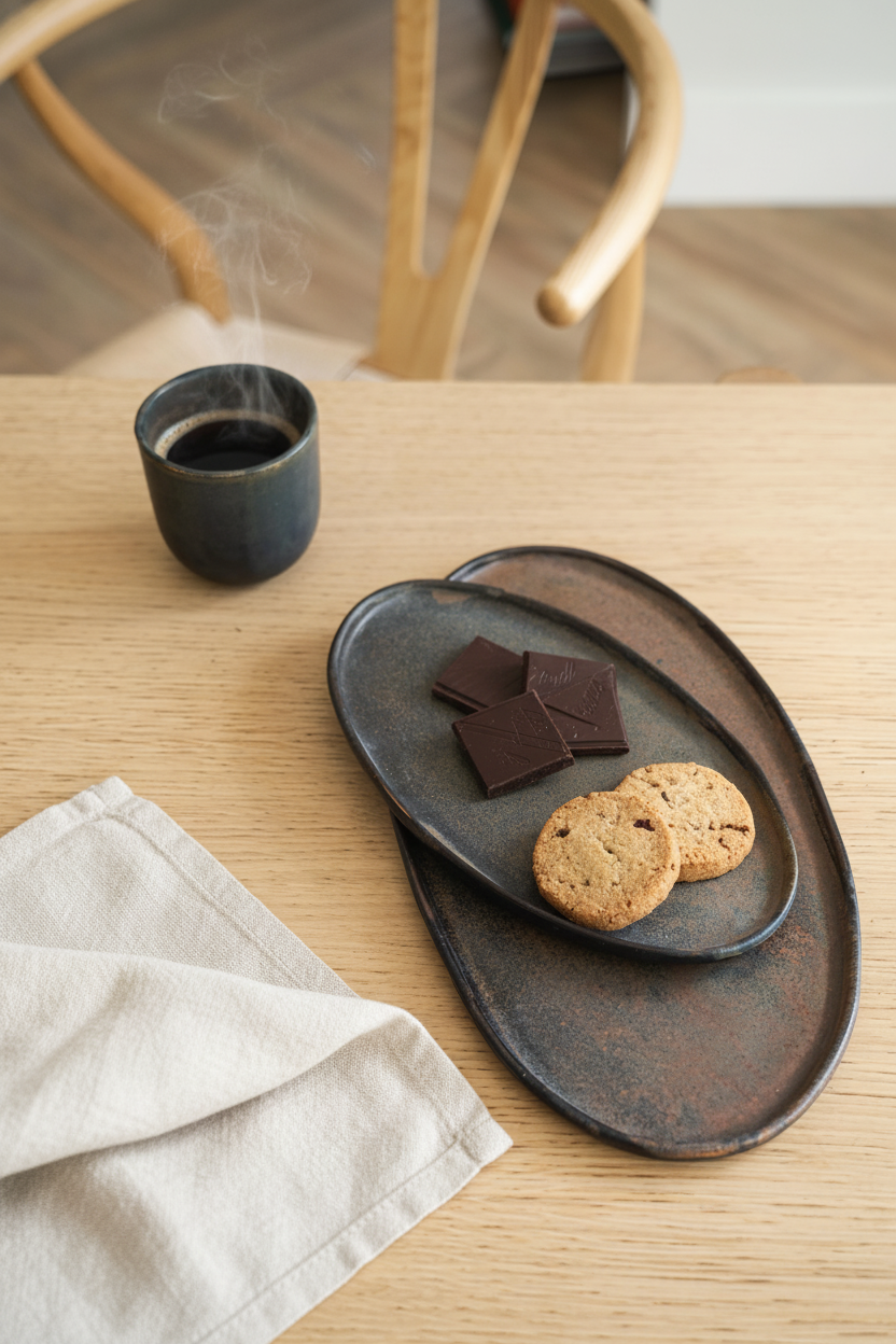 Rust matte stoneware serving platter with organic round edges and reactive glaze, handmade in Ukraine.