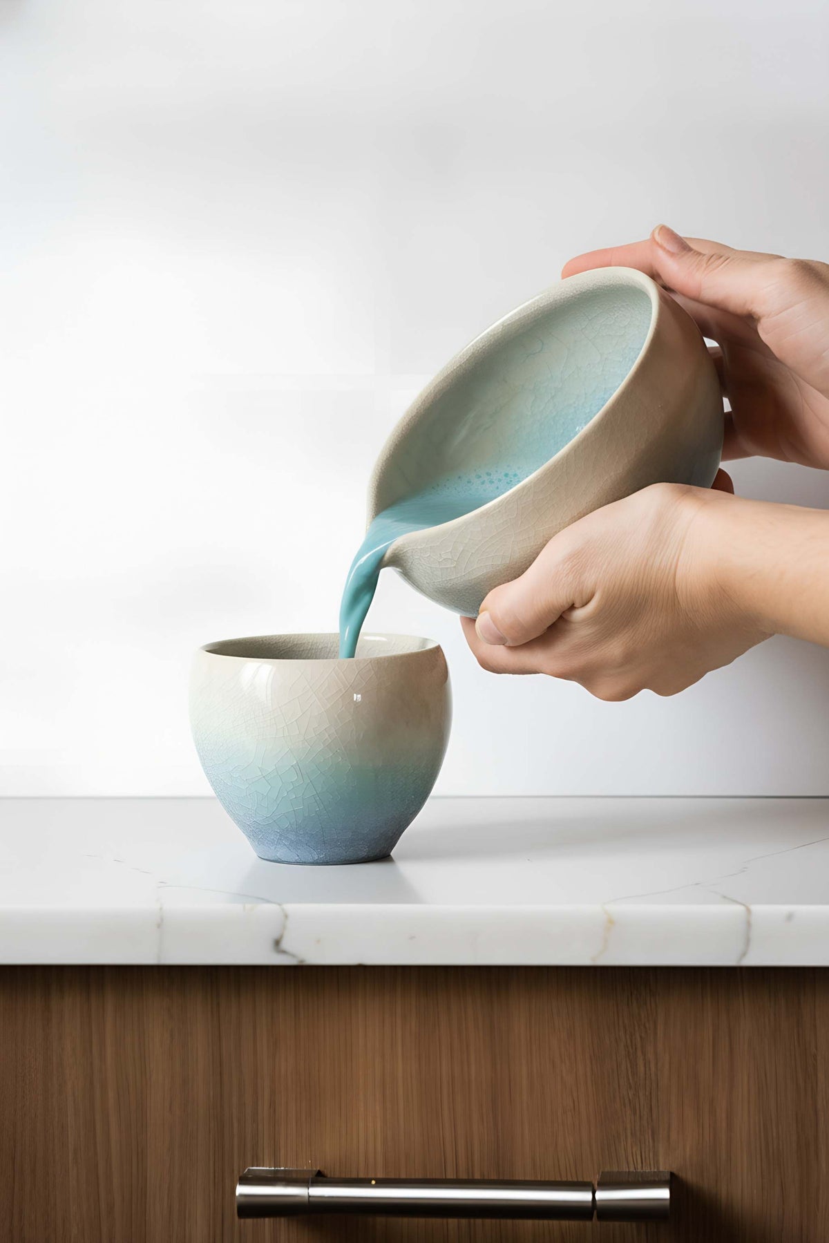 Ceramic Matcha Bowl with built-in pouring spout, speckled stoneware, sandy cream glaze fading to ocean blue, pouring into a matching cup.