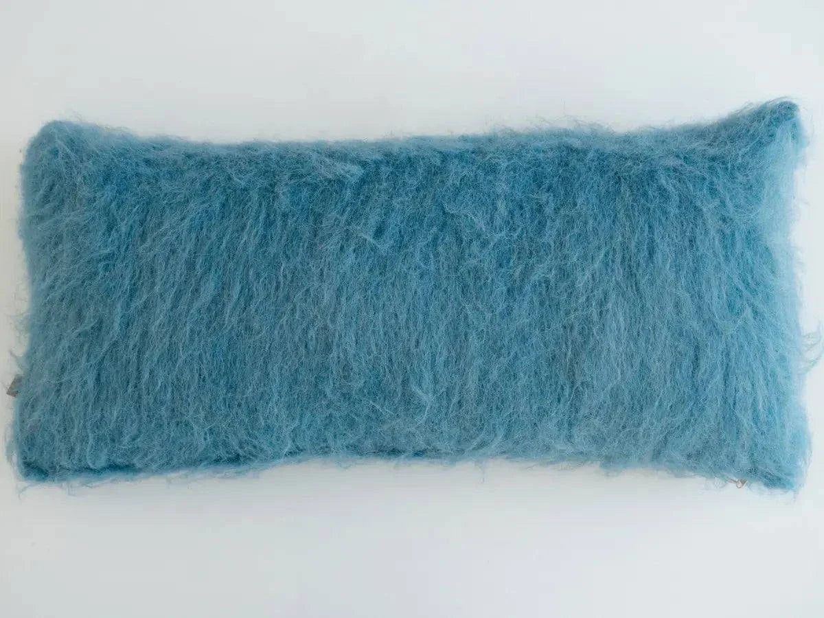 Sky blue handwoven wool pillow with brushed texture on cotton base