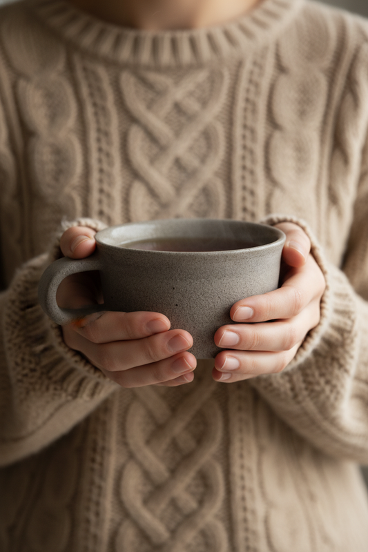 Handmade Stoneware Coffee Mug in speckled gray with a wide, rounded shape and sturdy side handle.