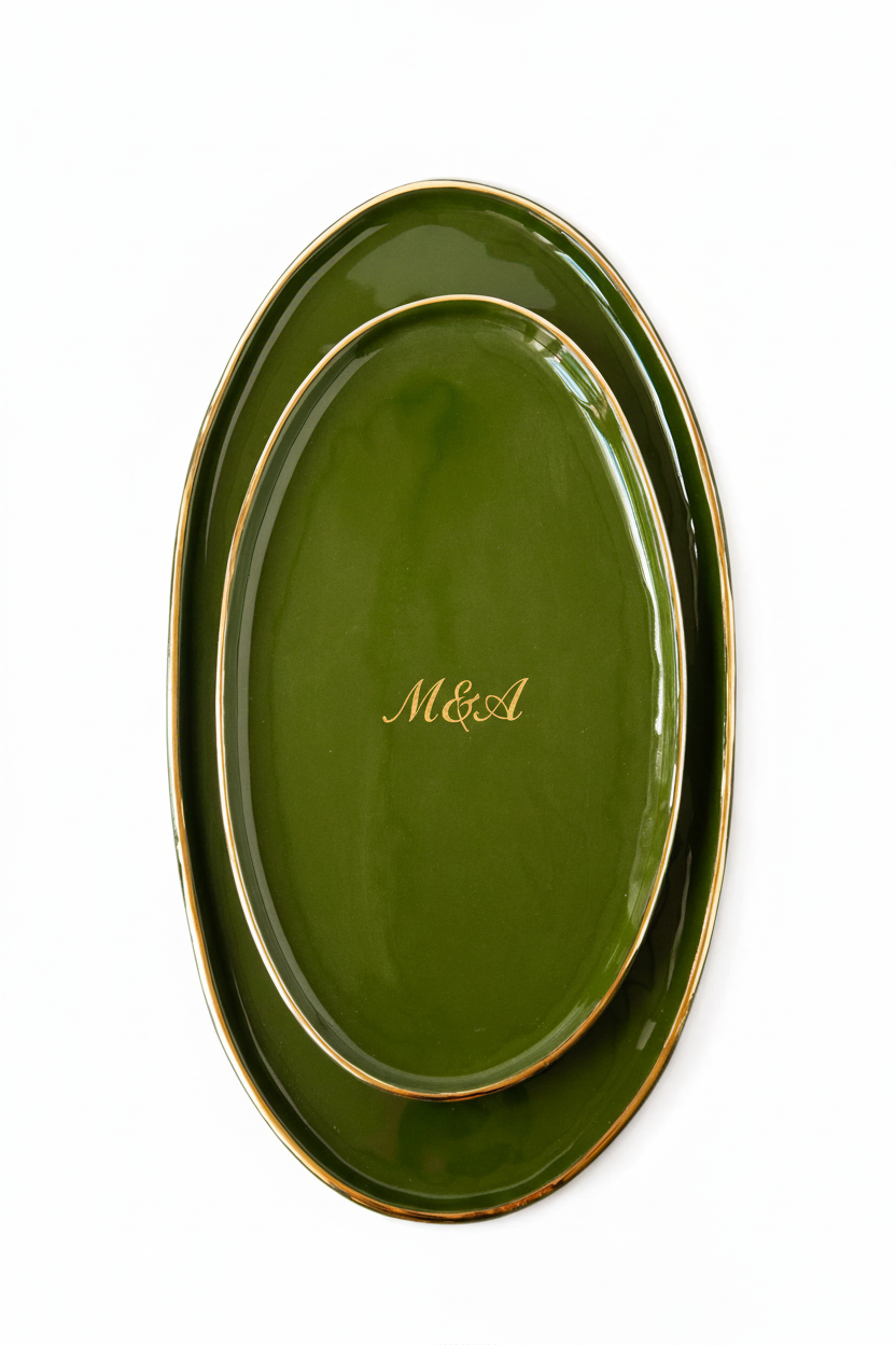 Personalized Wedding Platter, glossy olive-green ceramic serving tray with oval shape, gold rim, and gold initials in the center.