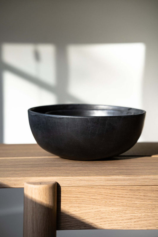 Stoneware black matte salad serving bowl with unique reactive glaze, handmade in Ukraine