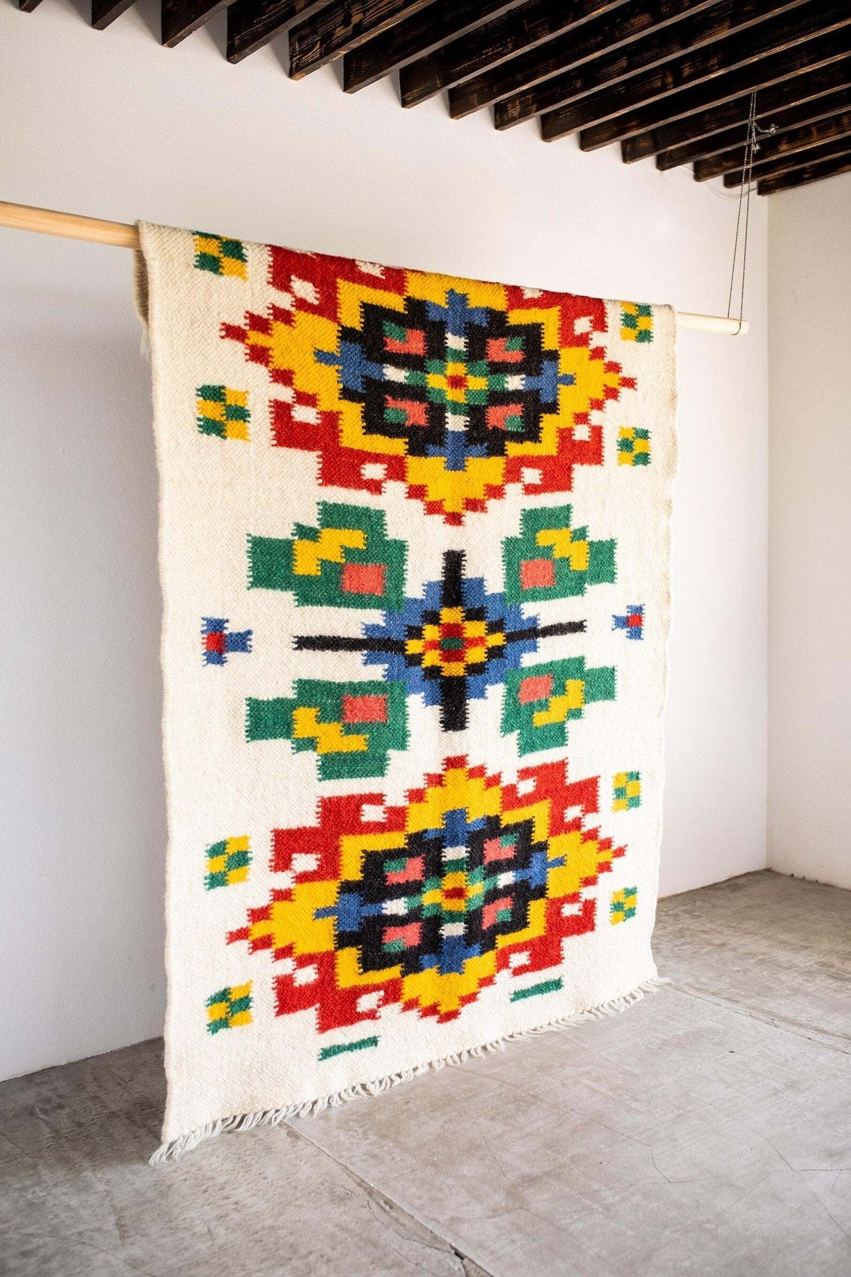 Handwoven thin wool rug with traditional Carpathian pattern, made in Ukraine