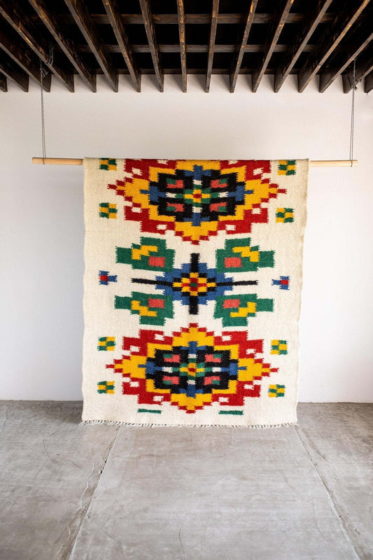 Handwoven thin wool rug with traditional Carpathian pattern, made in Ukraine, 150x1200 cm
