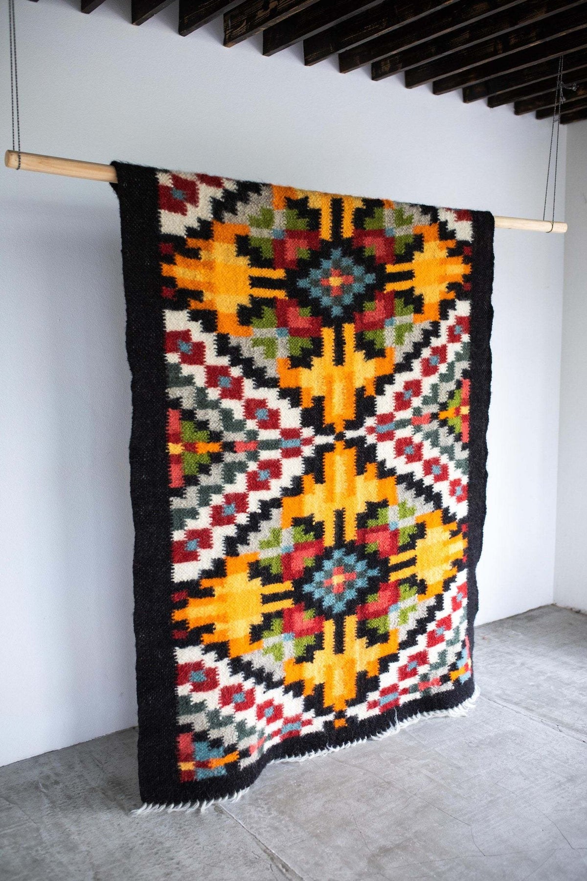 Traditional handwoven Carpathian wool lizhnyk rug with archival ornaments, 100% Carpathian sheep wool, crafted on ancient loom