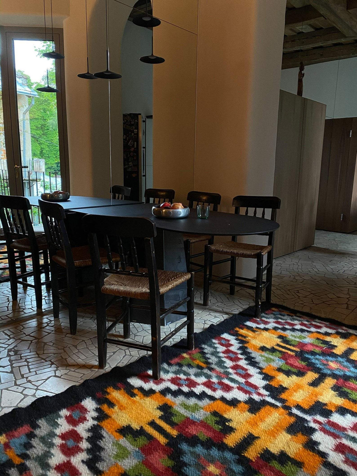 Traditional handwoven Carpathian wool lizhnyk rug with archival ornaments, made from 100% Carpathian sheep wool