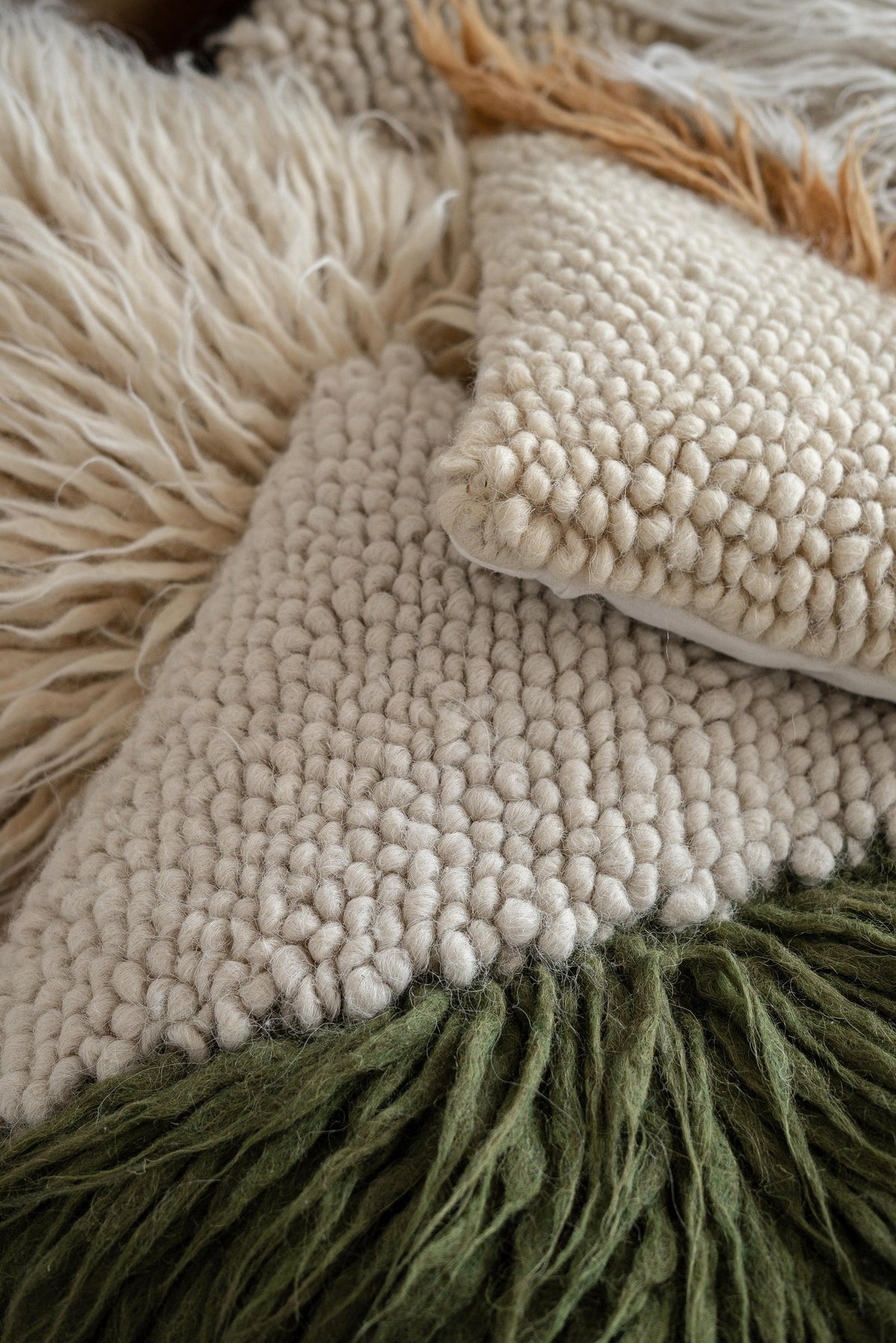 Handwoven Pillow Forest Bark made of chunky sheep wool yarn with duck feather filling, 18x18 inches.