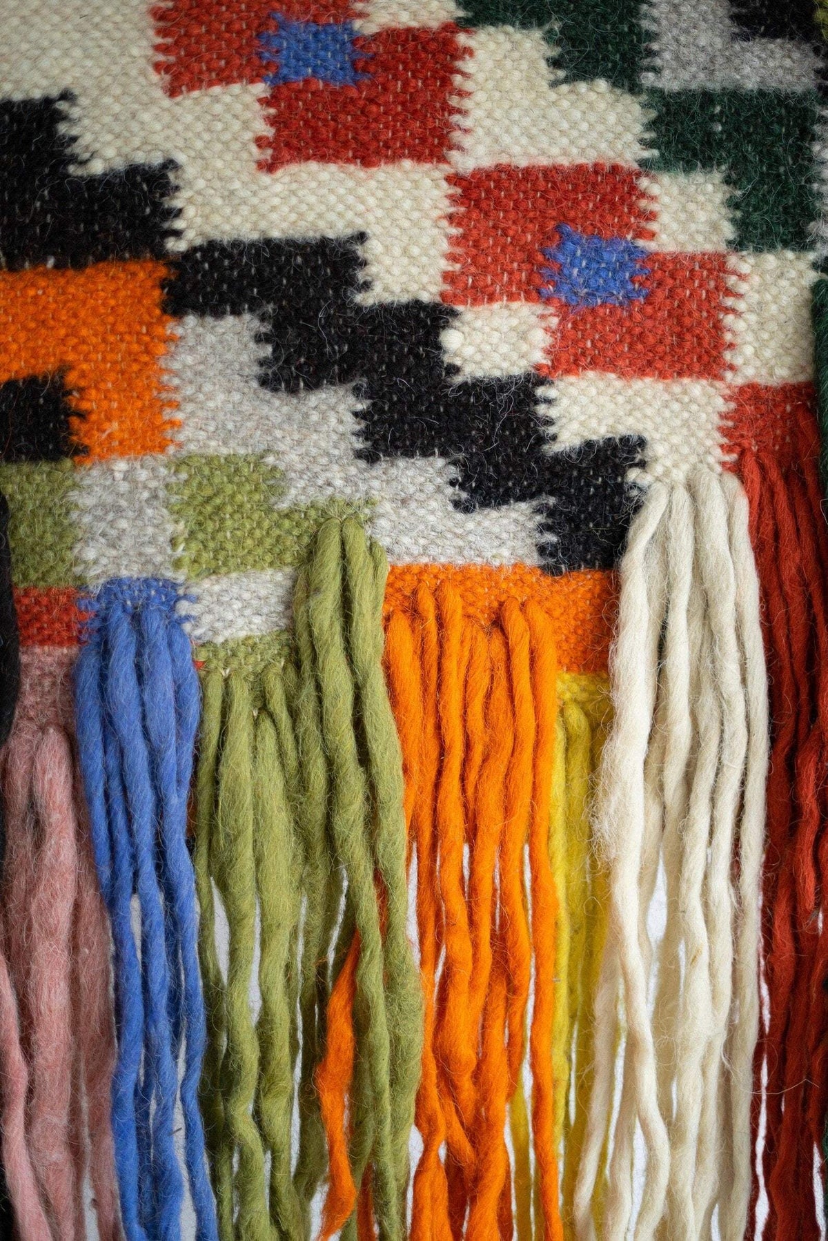 Traditional Carpathian wool wall hanging with intricate handwoven patterns in natural sheep wool
