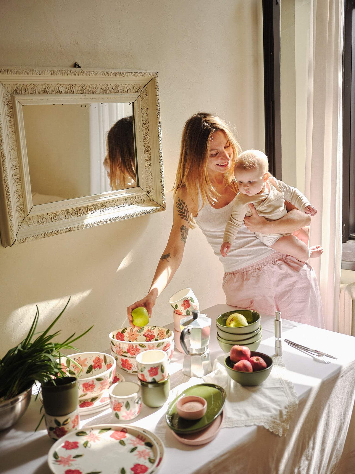 Hand-Painted Floral Salad Bowl, off-white porcelain with red and pink floral motifs and subtle green leaves.