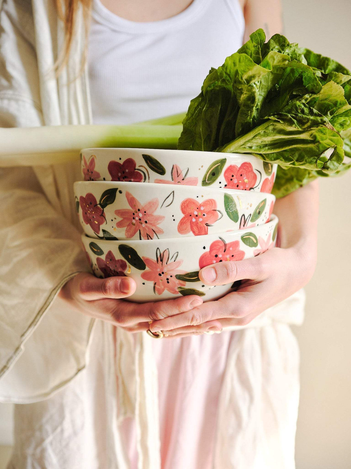 Hand-Painted Floral Salad Bowl in off-white porcelain, decorated with hand-painted pink and red flowers, green leaves, and gold accents.