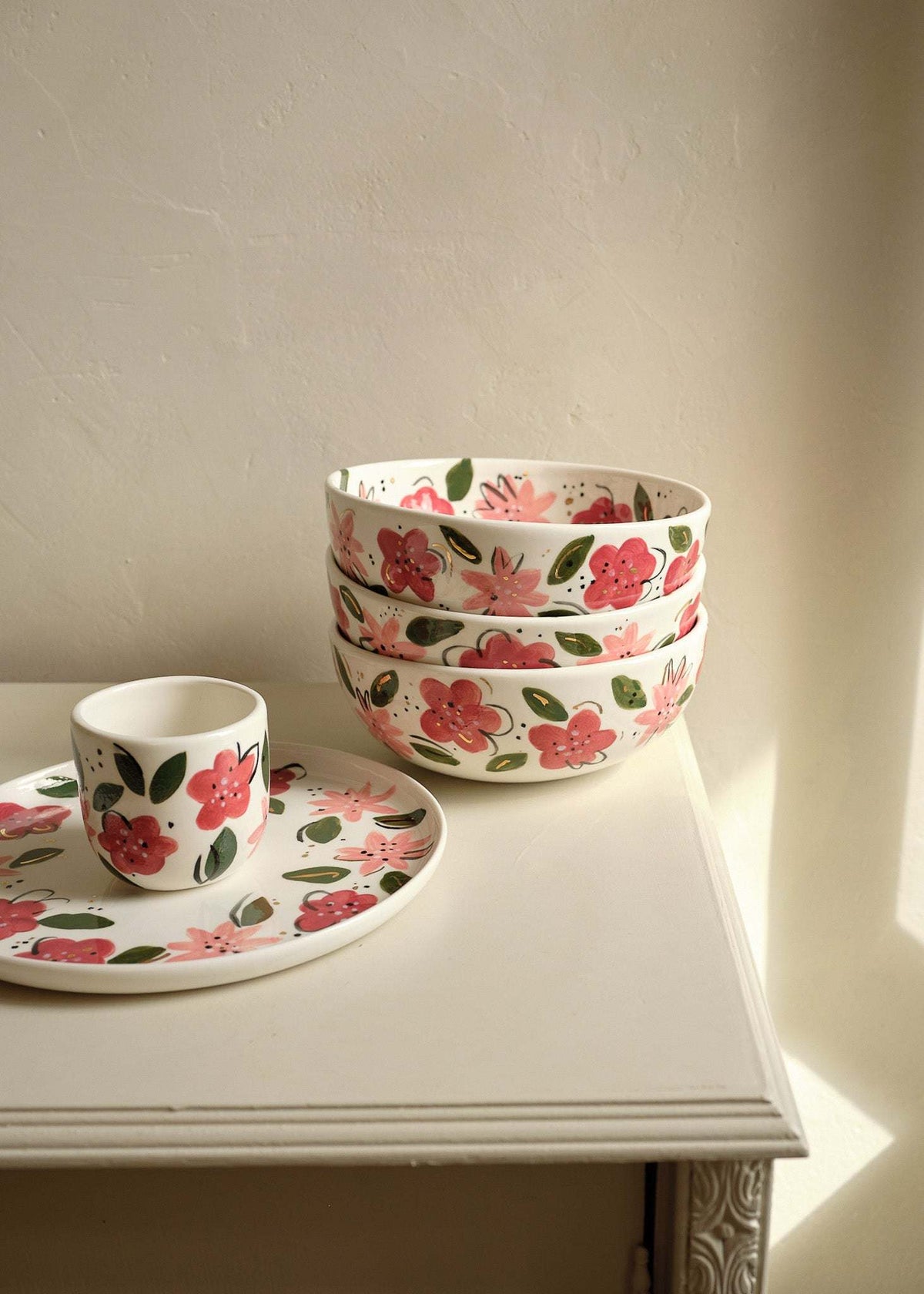 Hand-Painted Floral Salad Bowl in off-white porcelain with red and pink flowers, green leaves, and delicate gold accents.